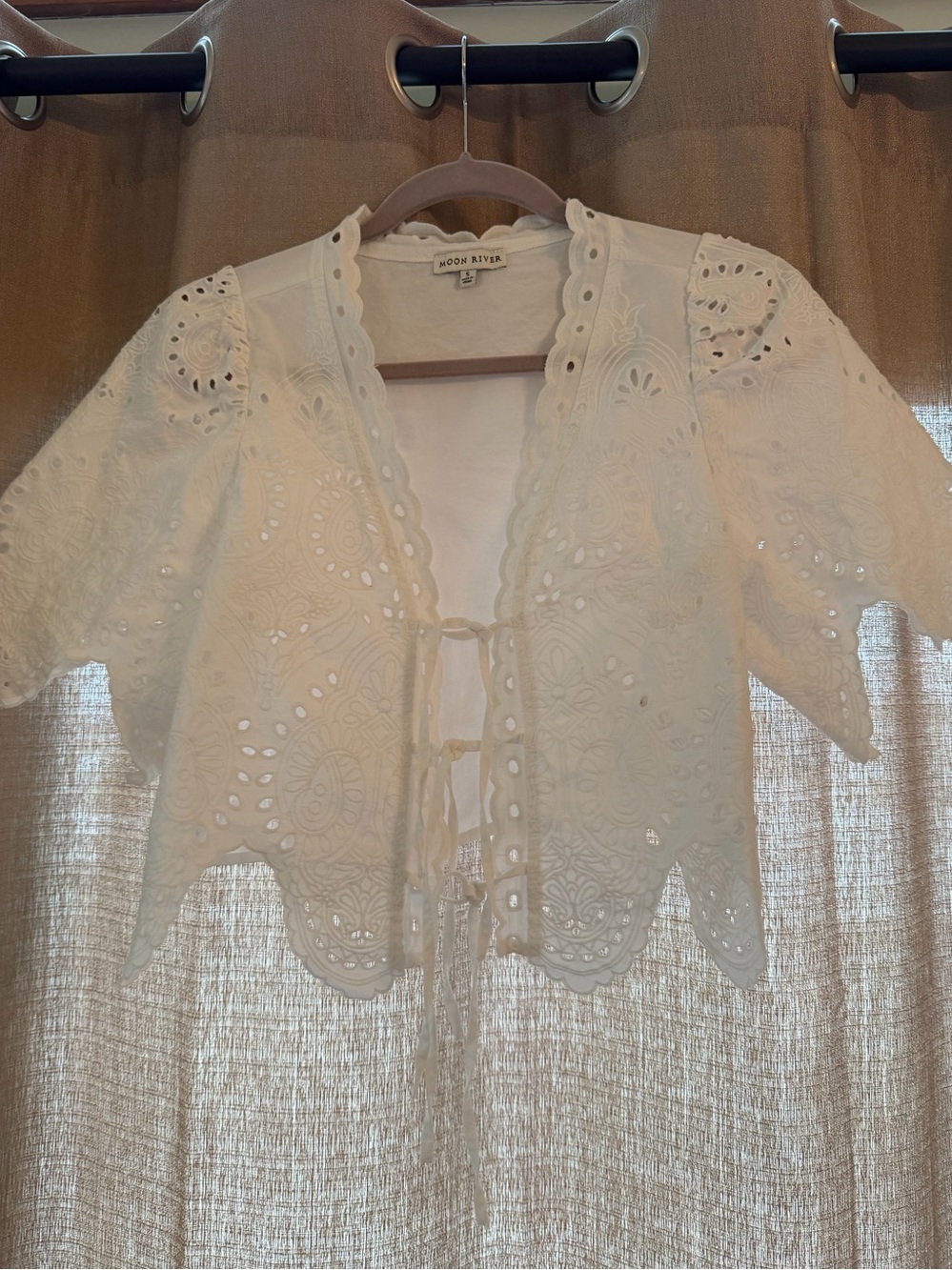 Moon River Puff Sleeve
Eyelet Top With Front Ties size S - Picture 7 of 14